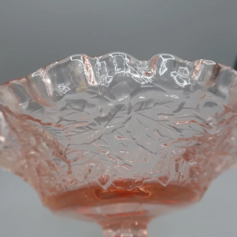 Pink Glass Pedestal Bowl Compote Ruffled 4